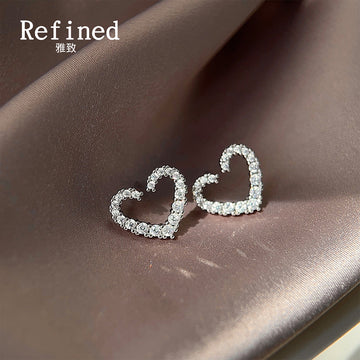 Silver Tone Hollow Heart Stud Earrings with Clear Crystal Pave