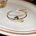 CZ Pearl Flower Multi Layer Open Bangle Cuff Silver Gold view 7