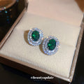 Emerald Green Oval Crystal Halo Stud Earrings For Women view 1