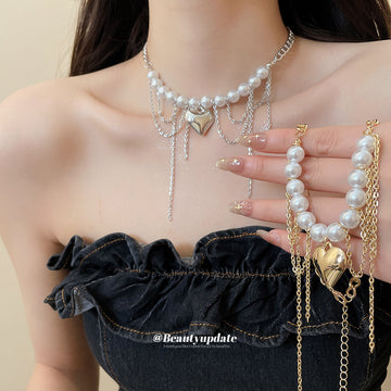 Gold and Silver Tone Oversized Heart Link Pearl Necklaces