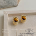 Gold Textured Tiger Eye Cabochon Dome Stud Earrings view 4