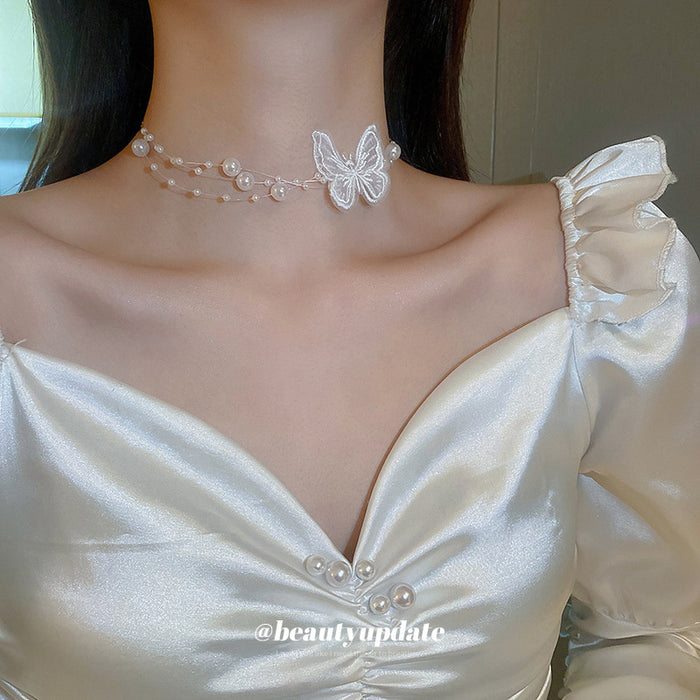 White Lace Butterfly Pearl Multi Strand Choker Necklace