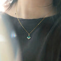 Gold Tone Square Green Stone Pendant Necklace CZ Halo view 3