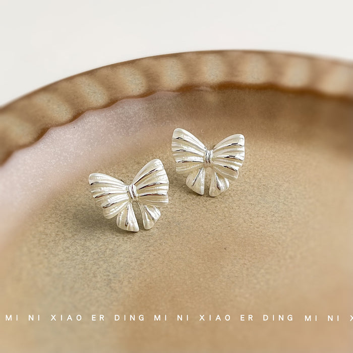 White Ribbed Silver Line Bow Stud Earrings Matching Pair