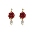 Red Rose Enamel Drop Earrings With White Pearl Dangle view 5