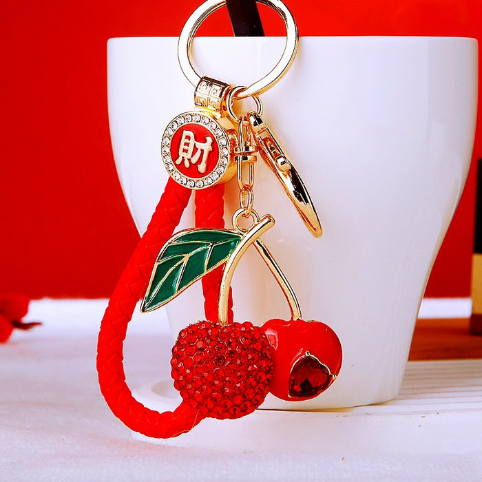 Jeweled Heart Cherry Keychain with Plain Fortune and Braided Loop Options