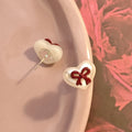 White Heart Red Bow Pearl Look Delicate Stud Earrings view 4