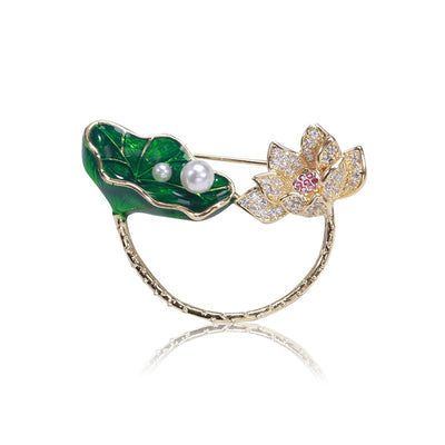 Green Lotus Leaf and Flower Brooch group view