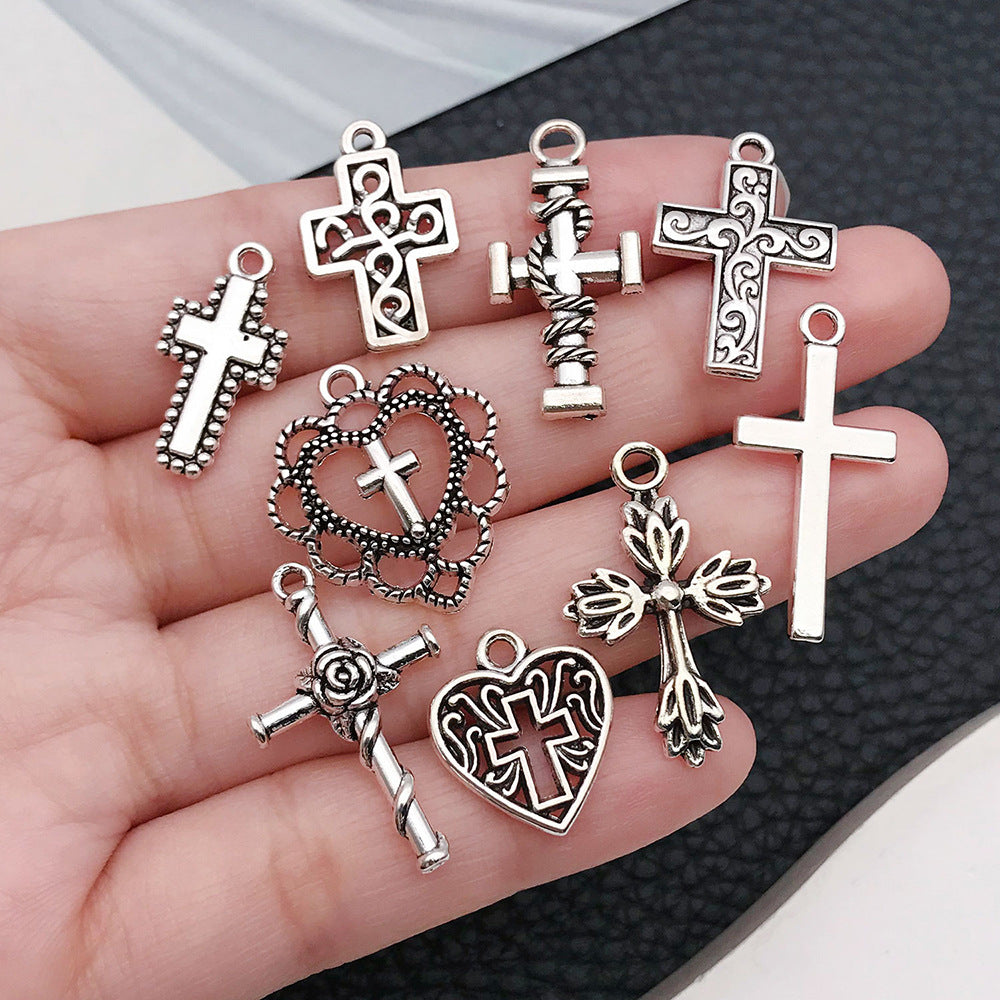 Antique Silver Zinc Alloy Cross Heart Cross Charm Pendant for DIY Earrings Necklace