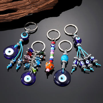 Silver Tone Beaded Glass Evil Eye Split Ring Keychains