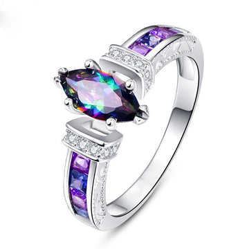 Iridescent Marquise Solitaire Ring With Purple Baguette Accents