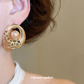 Openwork Round Pearl Stud Earrings in Gold Tone Fashion Jewelry view 3