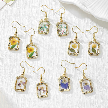 Gold Tone Rectangular Pressed Flower Drop Earrings in Five Designs