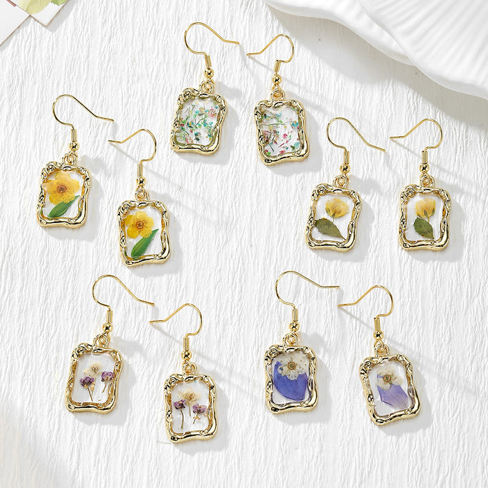 Gold Tone Rectangular Pressed Flower Drop Earrings in Five Designs