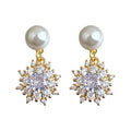 White Pearl Stud Gold CZ Snowflake Drop Earrings Pair view 5