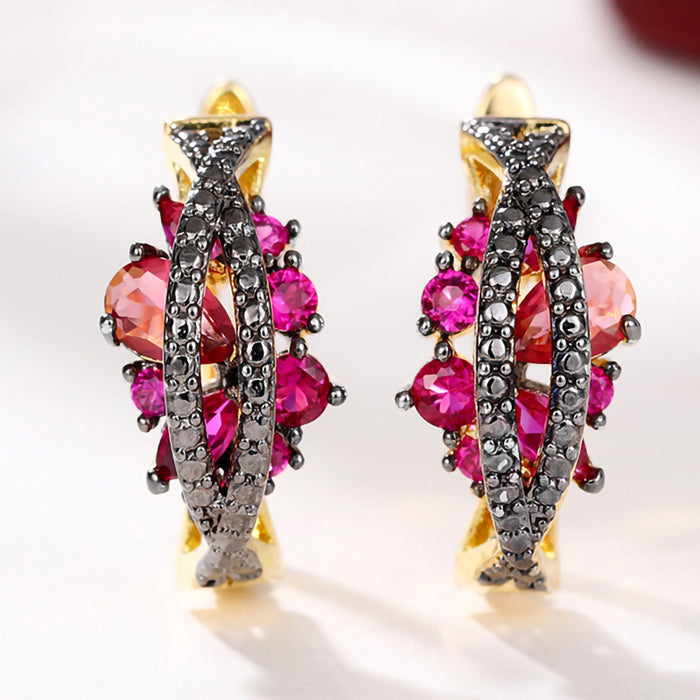 Black and Pink Crystal Leaf Huggie Earrings in Gold Tone