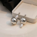 Asymmetric Silver Metal Ball White Pearl Drop Stud Earrings view 3