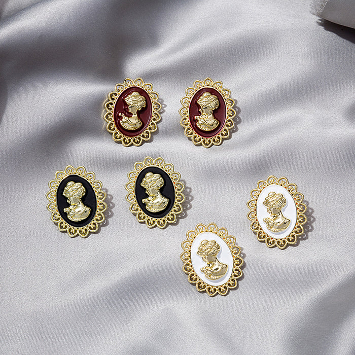 Three Color Cameo Portrait Gold Tone Statement Stud Earrings