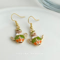 Gold Hook Enamel Squirrel Green Teapot Drop Earrings view 6