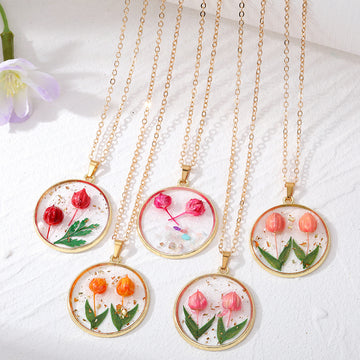 Gold Tone Round Raised Tulip Pressed Flower Resin Necklaces