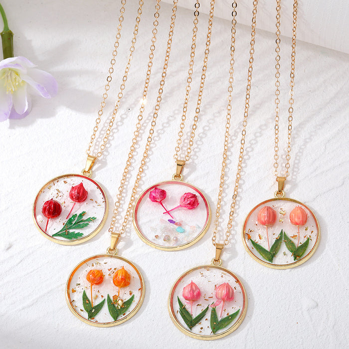 Gold Tone Round Raised Tulip Pressed Flower Resin Necklaces
