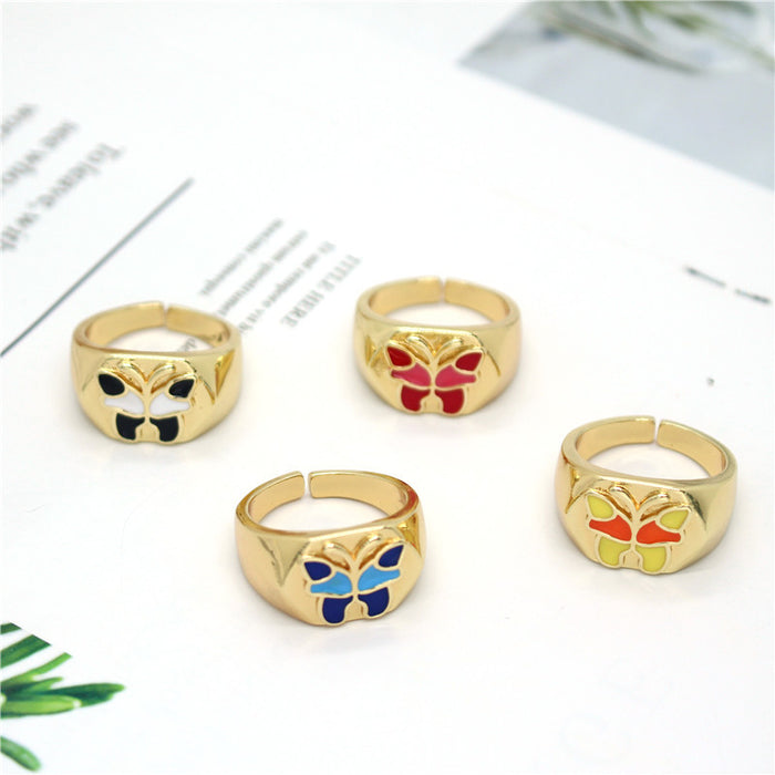 Gold Tone Butterfly Enamel Signet Rings in Four Bright Colors