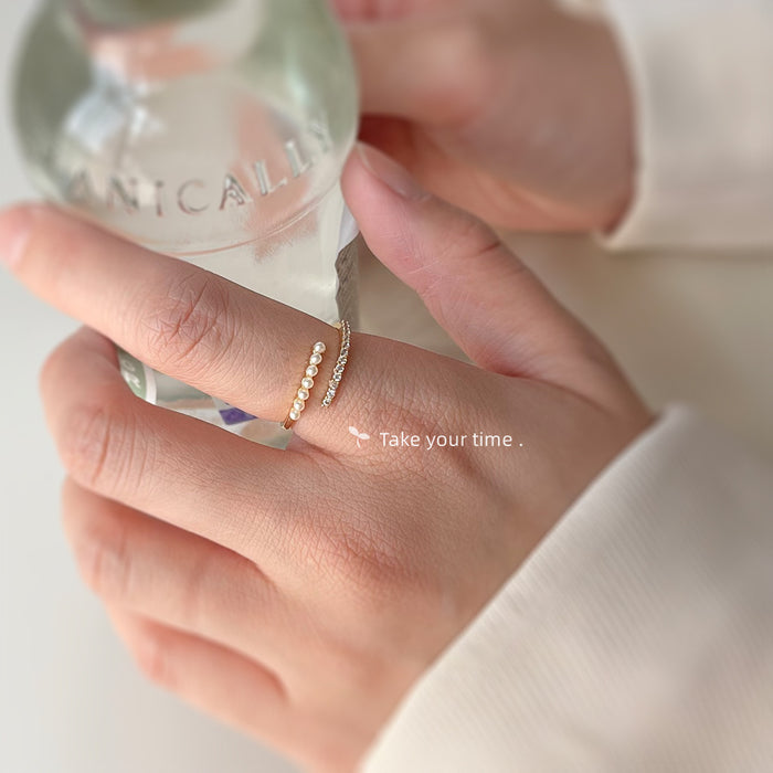 Gold Tone Open Crossover Pearl And Clear Stone Adjustable Ring