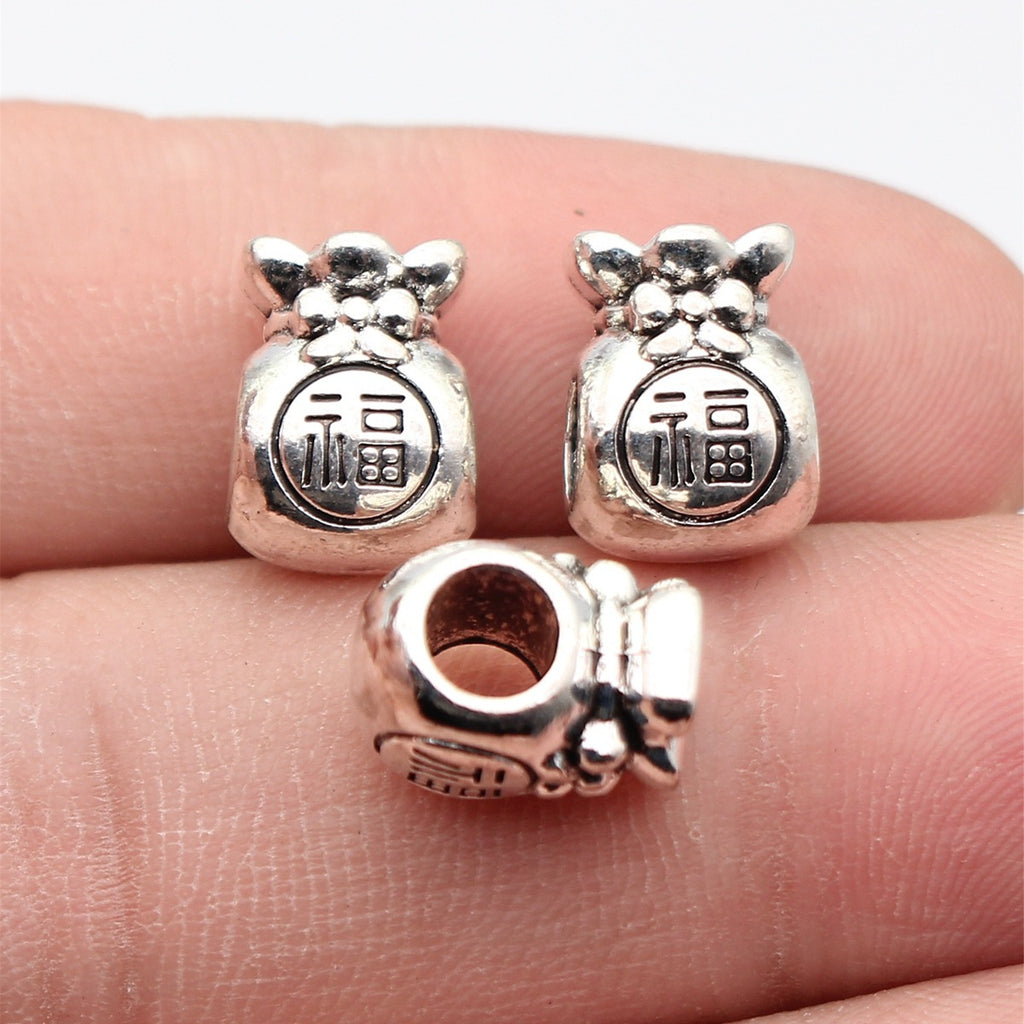 12x9.2x8.7mm 2.8g Antique Silver Zinc Alloy Lucky Bag Fu Character Large Hole Double Sided Beads for Bracelet Making