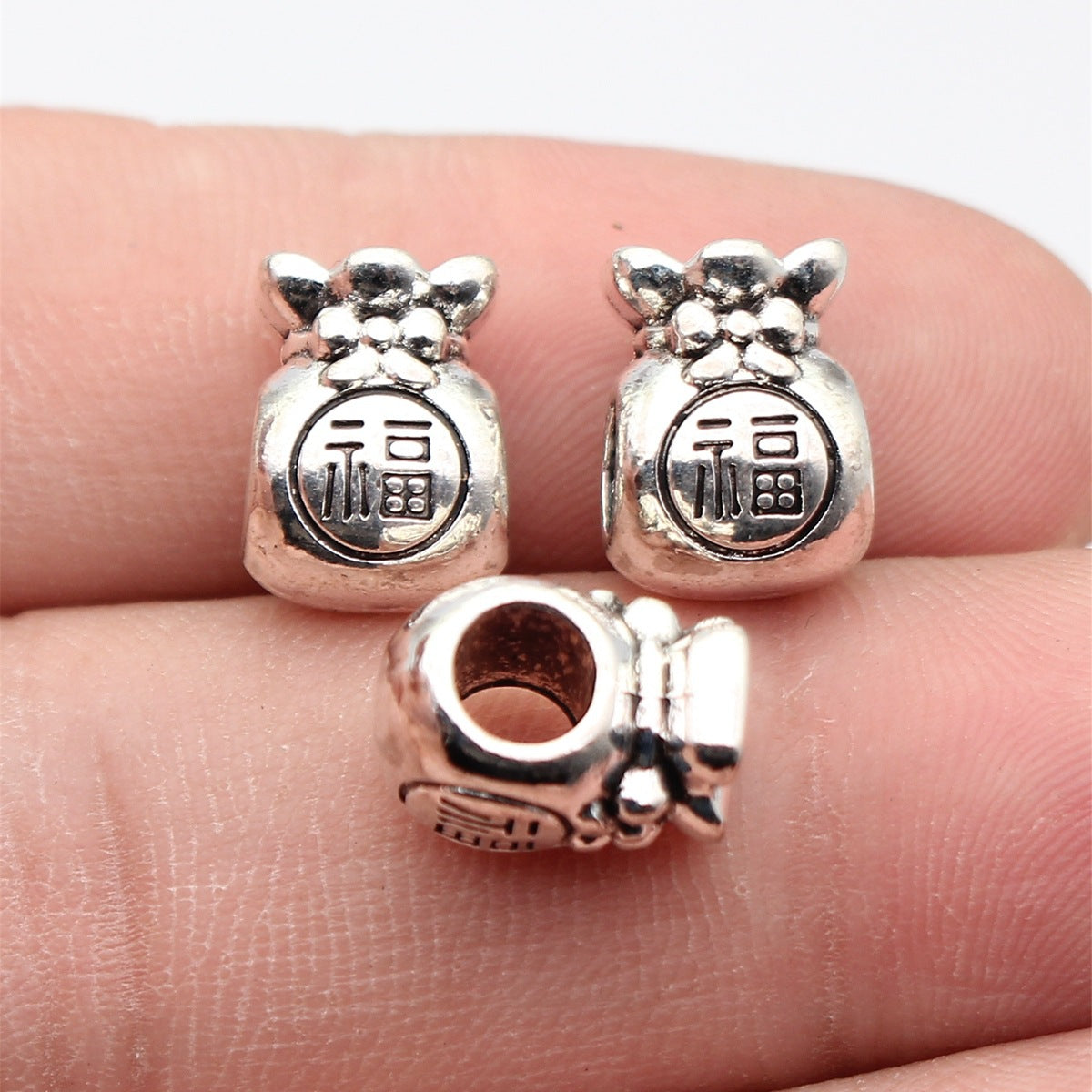 12x9.2x8.7mm 2.8g Antique Silver Zinc Alloy Lucky Bag Fu Character Large Hole Double Sided Beads for Bracelet Making