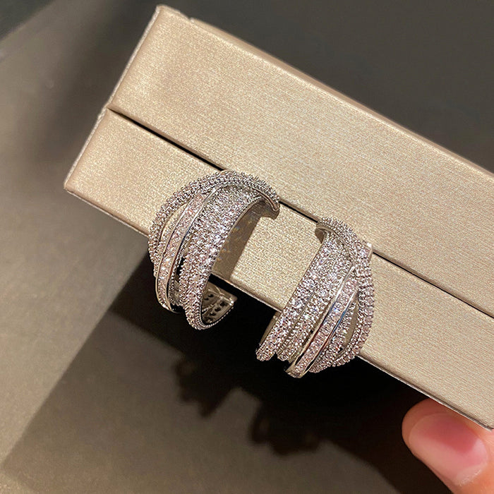Multi-Row Curved Pave Half Hoop Earrings In Two Metal Tones