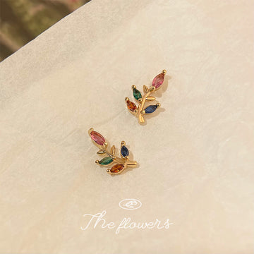 Gold Tone Multicolor Faceted Stone Leaf Branch Stud Earrings