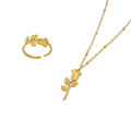 Rose Flower Pendant Necklace And Open Rose Leaf Rings view 5