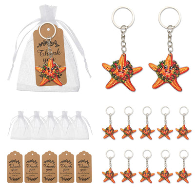 Orange starfish wood keychains with bags and tags