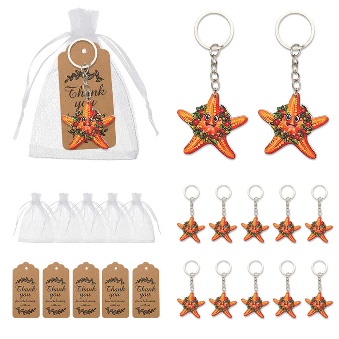 Orange Smiling Starfish Flower Crown Wood Keychain