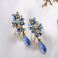 Blue Floral Cluster and Teardrop Long Earrings in Gold Tone view 3