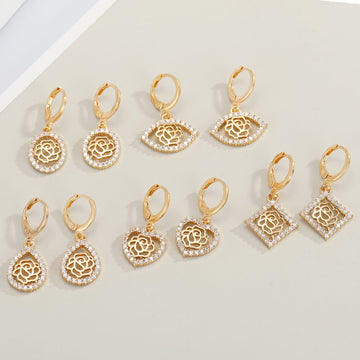 Gold Tone Crystal Framed Rose Huggie Earrings in Five Shapes