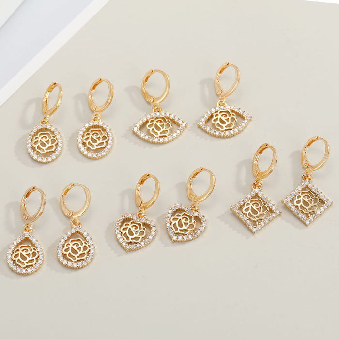 Gold Tone Crystal Framed Rose Huggie Earrings in Five Shapes