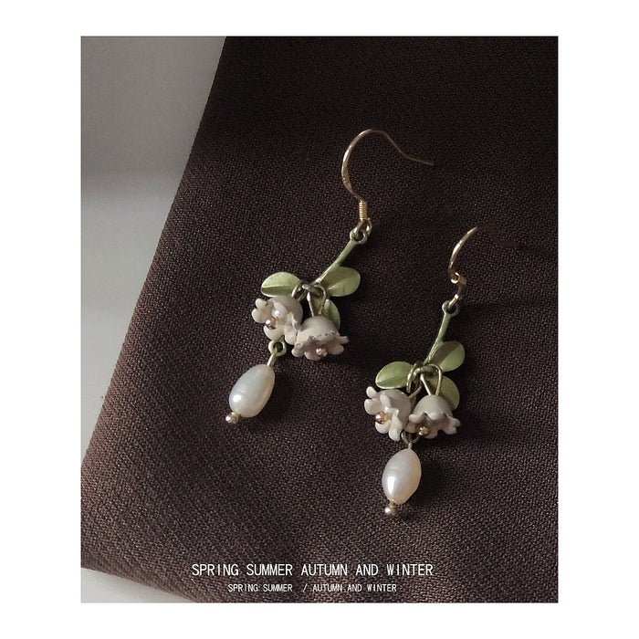 Gold Tone Green Leaf Lily Flower And Baroque Pearl Hook Earrings