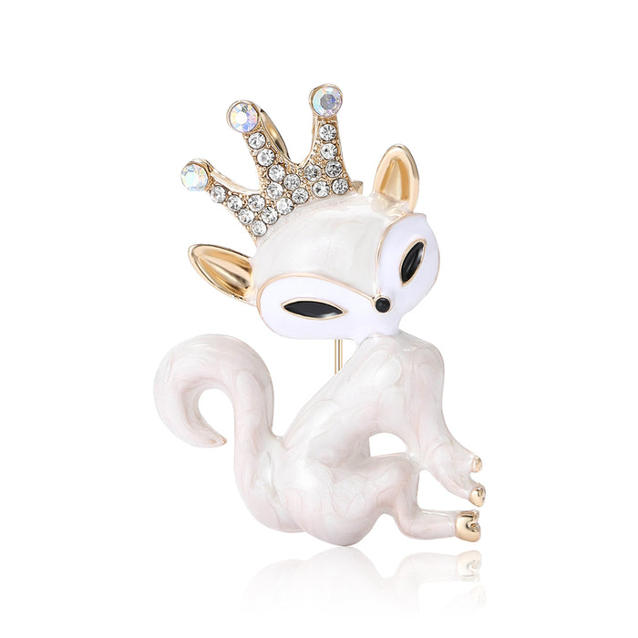 Crowned Enamel Fox Brooch in Glossy Black or White