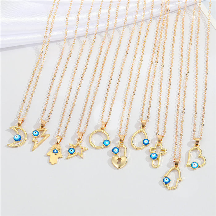 Gold Tone Blue Evil Eye Pendant Necklaces in Ten Symbolic Designs