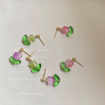 Glass Tulip Flower Stud Earrings Green Leaf Accents