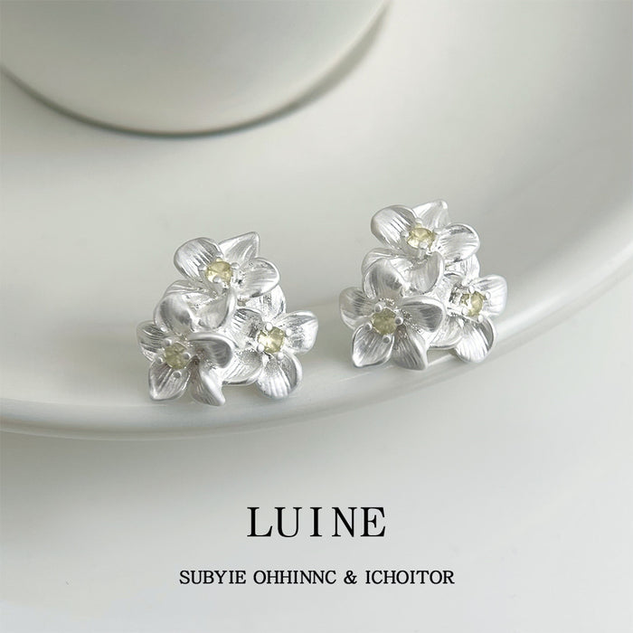 Matte Silver Triple Flower Pale Yellow Stone Stud Earrings