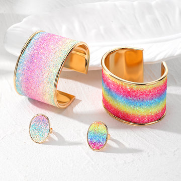 Gradient Glitter Adjustable Rings and Wide Cuff Bracelets