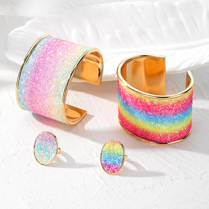 Gradient Glitter Cuff Bracelet and Adjustable Ring Options