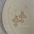 Gold-Tone Pavé Cross Stud And Pearl Cross Drop Earrings view 4