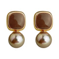 Mocha Enamel Square Champagne Pearl Drop Earrings Gold view 5