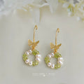 Gold Tone Green Chip Pearl Like Wreath Butterfly Hook Earrings view 1