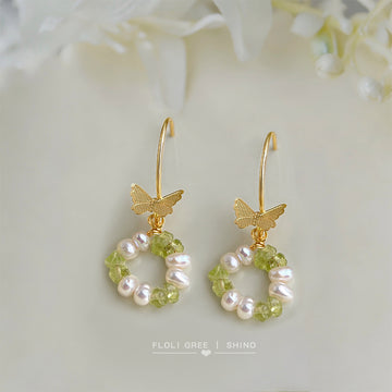 Gold Tone Green Chip Pearl Like Wreath Butterfly Hook Earrings