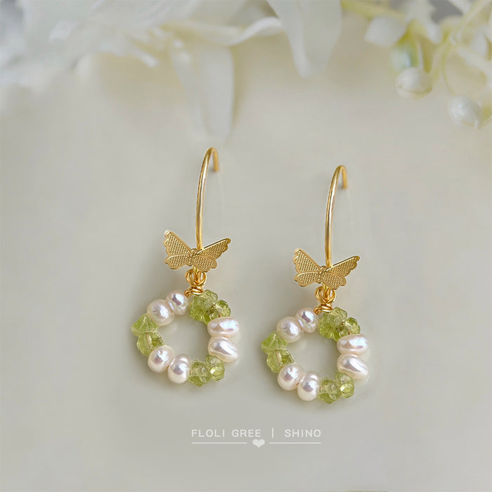 Gold Tone Green Chip Pearl Like Wreath Butterfly Hook Earrings