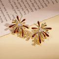 Gold Tone Red Firework Stud Earrings with Clear Crystals view 1